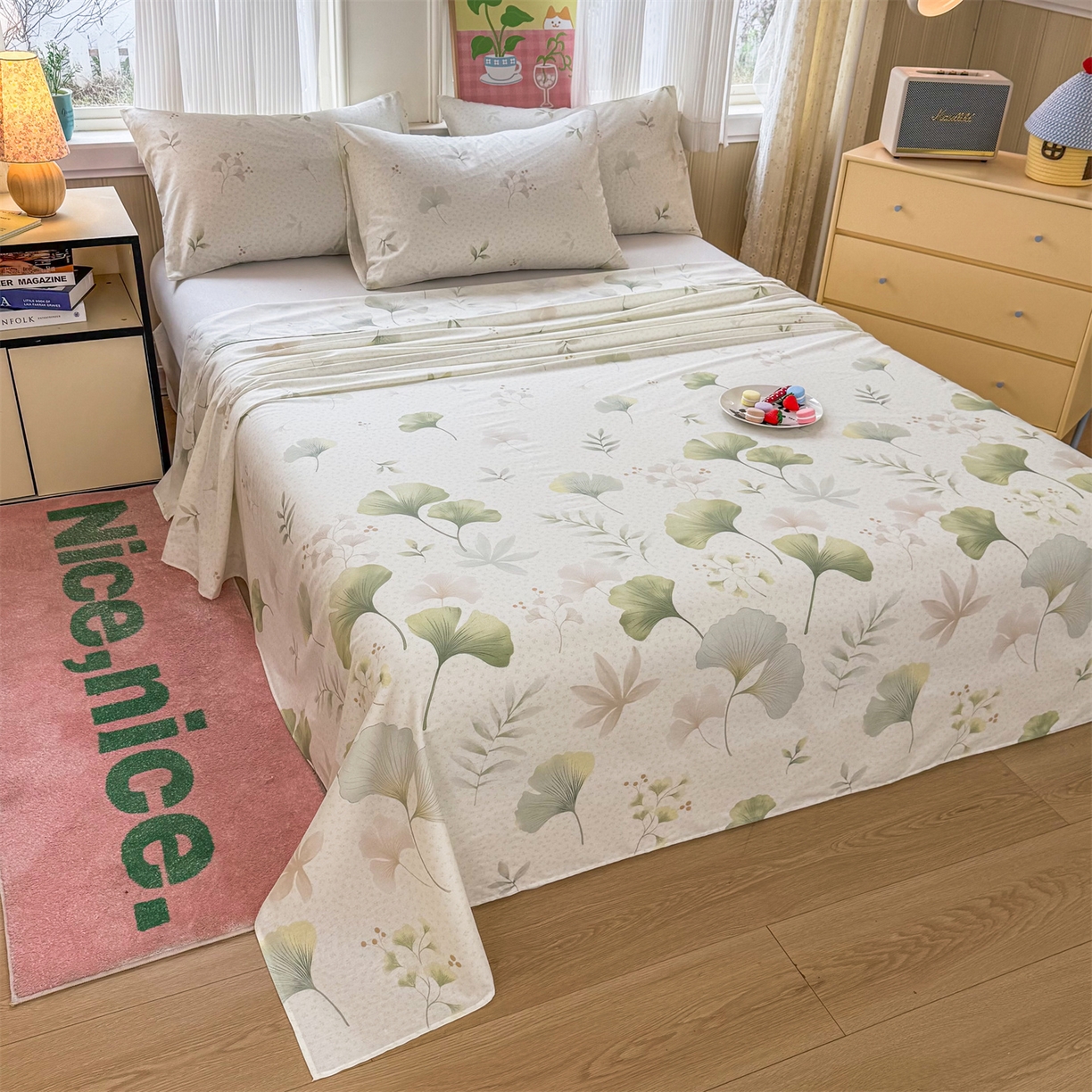 91家纺网 家纺一手货源 找家纺 晨晨家纺 2026春夏新款小清新全棉纯棉印花床单三件套 幸运叶