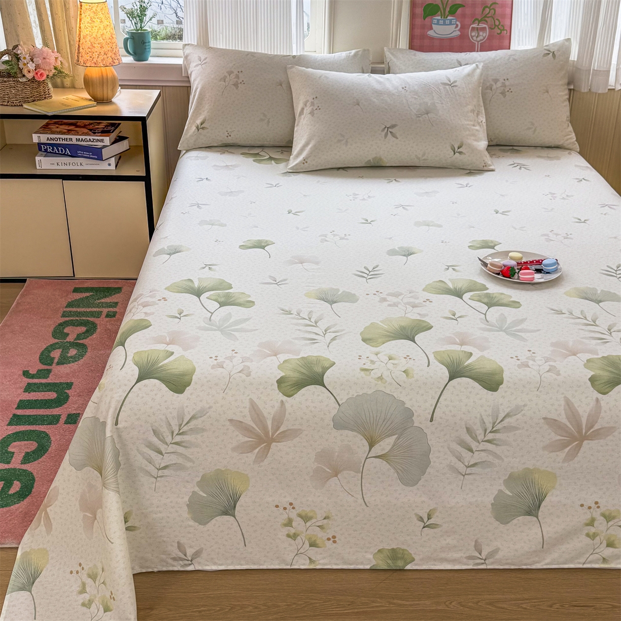 91家纺网 家纺一手货源 找家纺 晨晨家纺 2026春夏新款小清新全棉纯棉印花床单三件套 幸运叶