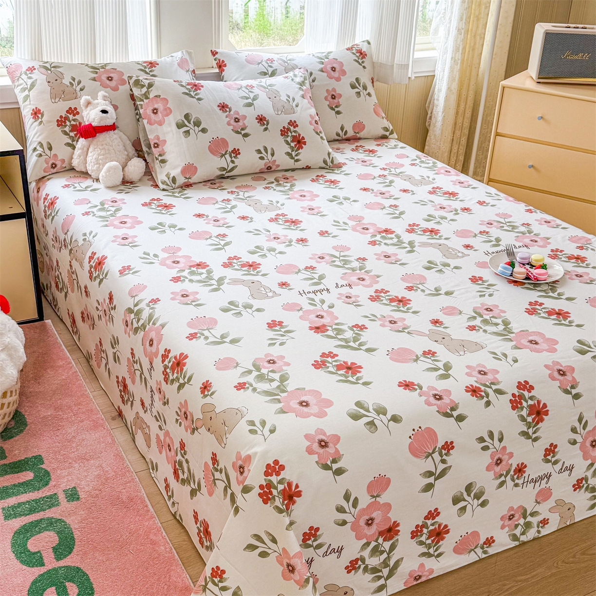 91家纺网 家纺一手货源 找家纺 晨晨家纺 2026春夏新款小清新全棉纯棉印花床单三件套 丛林意趣