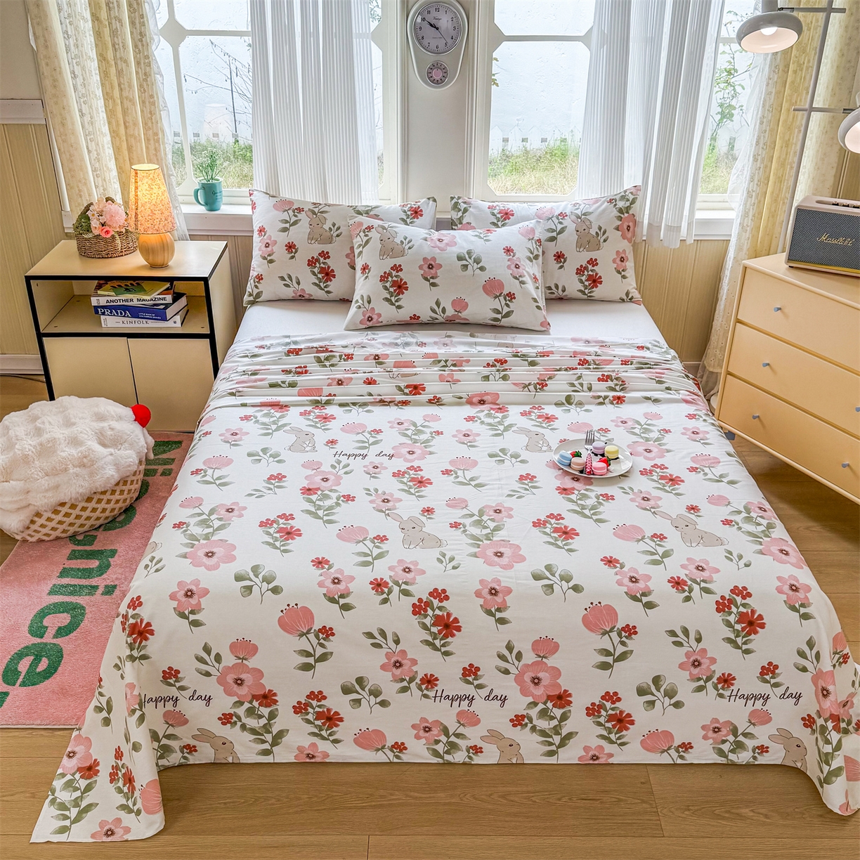 91家纺网 家纺一手货源 找家纺 晨晨家纺 2026春夏新款小清新全棉纯棉印花床单三件套 丛林意趣