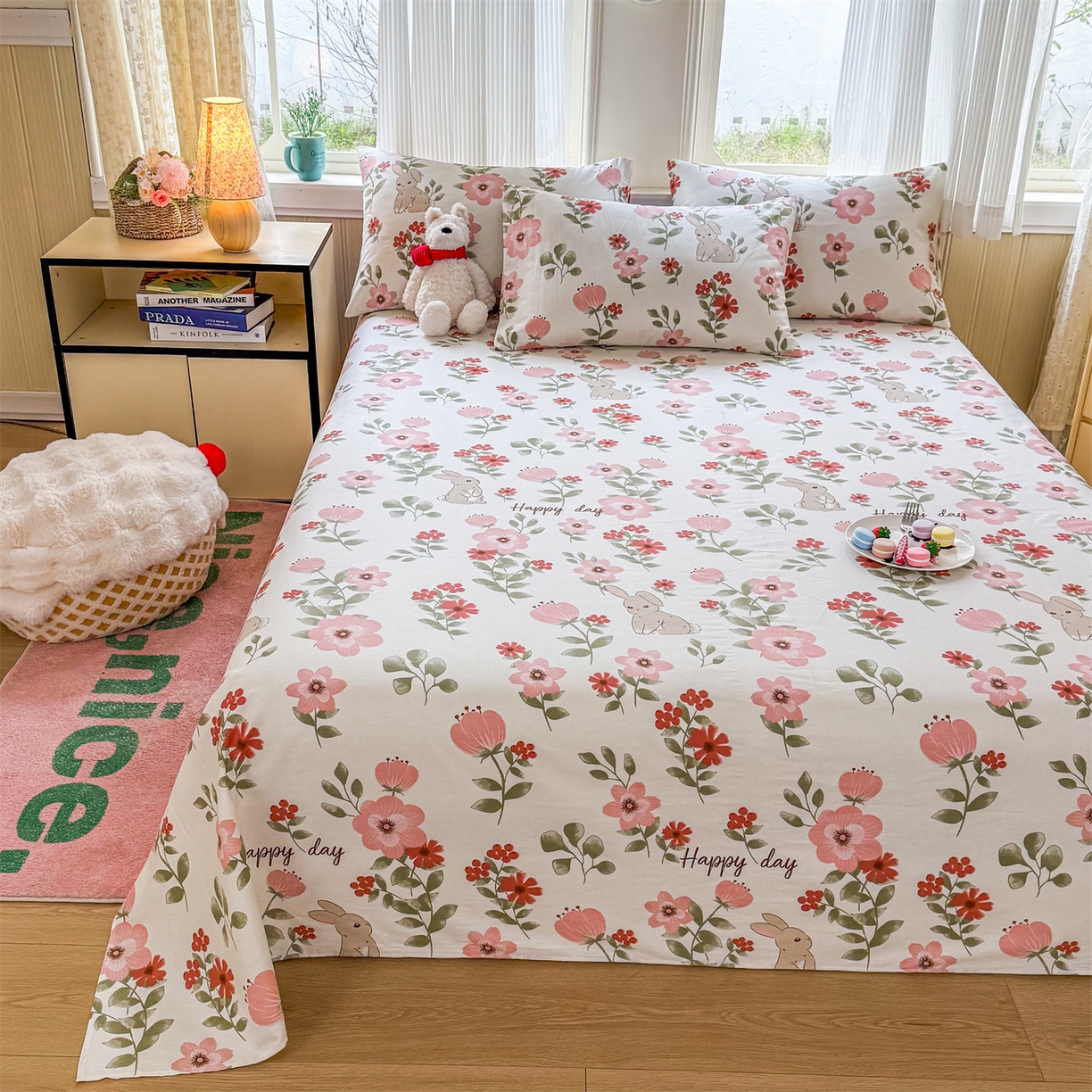 91家纺网 家纺一手货源 找家纺 晨晨家纺 2026春夏新款小清新全棉纯棉印花床单三件套 丛林意趣