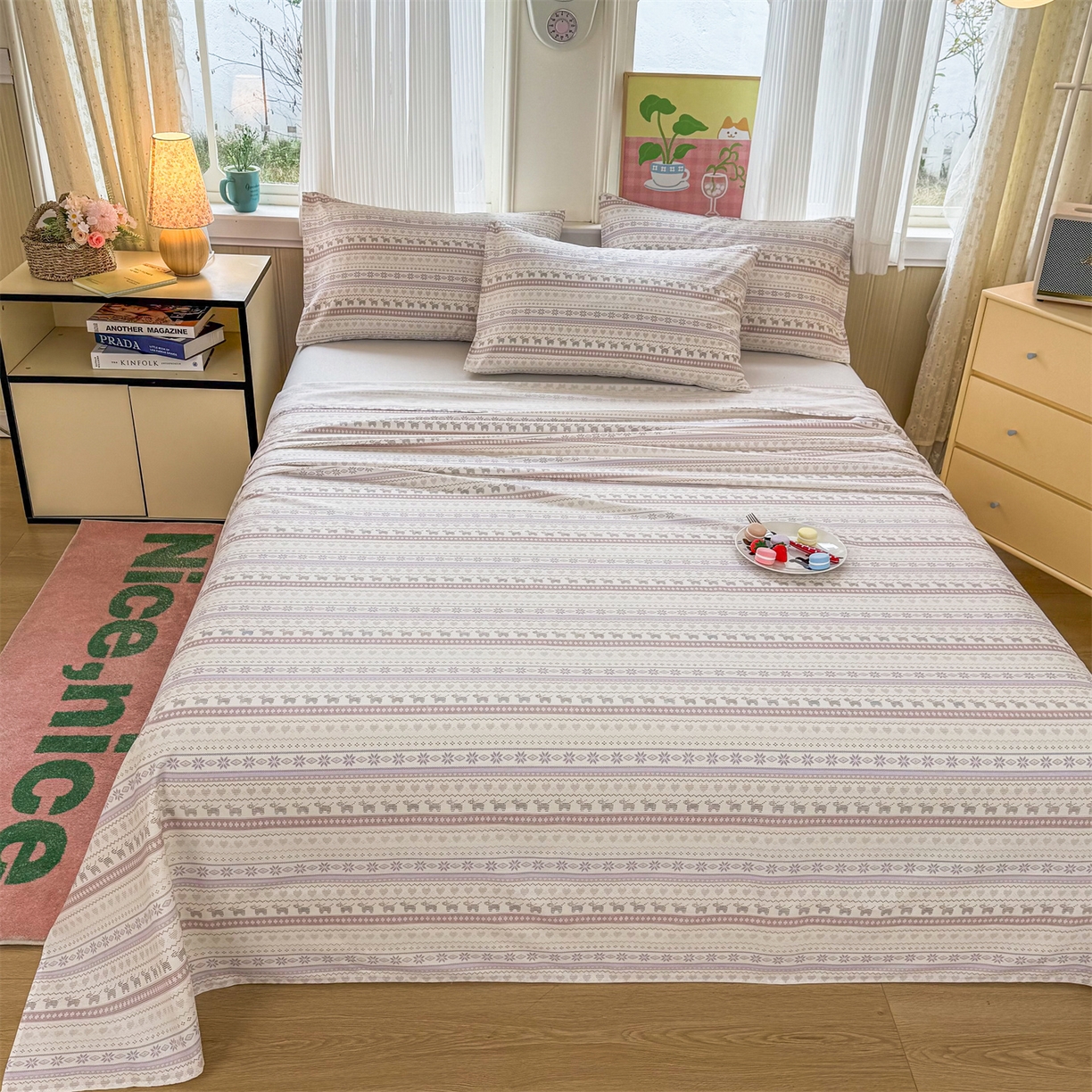 91家纺网 家纺一手货源 找家纺 晨晨家纺 2026春夏新款小清新全棉纯棉印花床单三件套 波西米亚