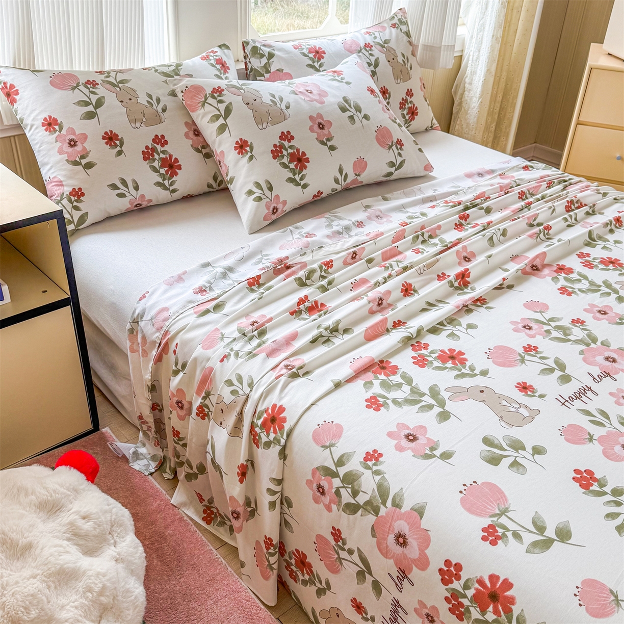 91家纺网 家纺一手货源 找家纺 晨晨家纺 2026春夏新款小清新全棉纯棉印花床单三件套 丛林意趣