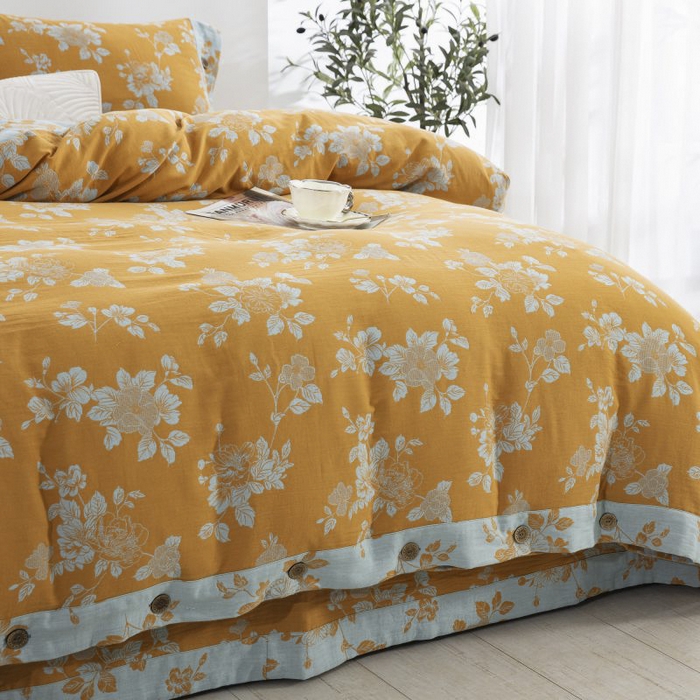 91家纺网 家纺一手货源 找家纺 云天家纺 2026新款A类全棉纯棉色织提花双层纱纽扣款四件套 春风十里橘