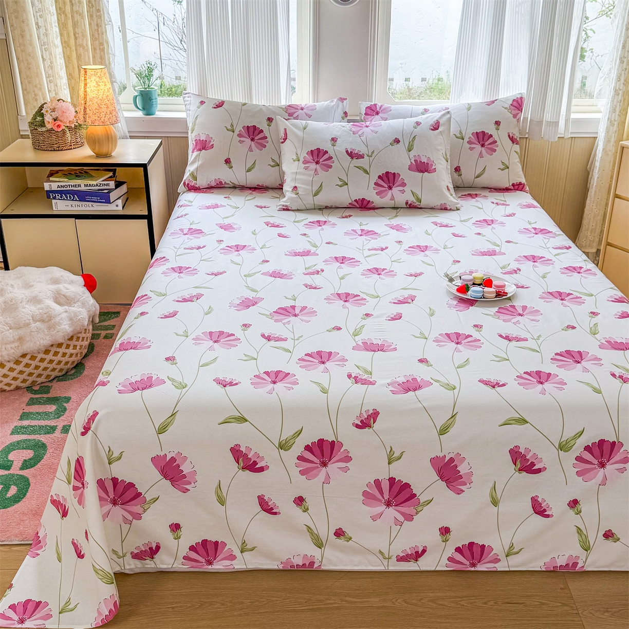 91家纺网 家纺一手货源 找家纺 晨晨家纺 2026春夏新款小清新全棉纯棉印花床单三件套 晚风轻漫