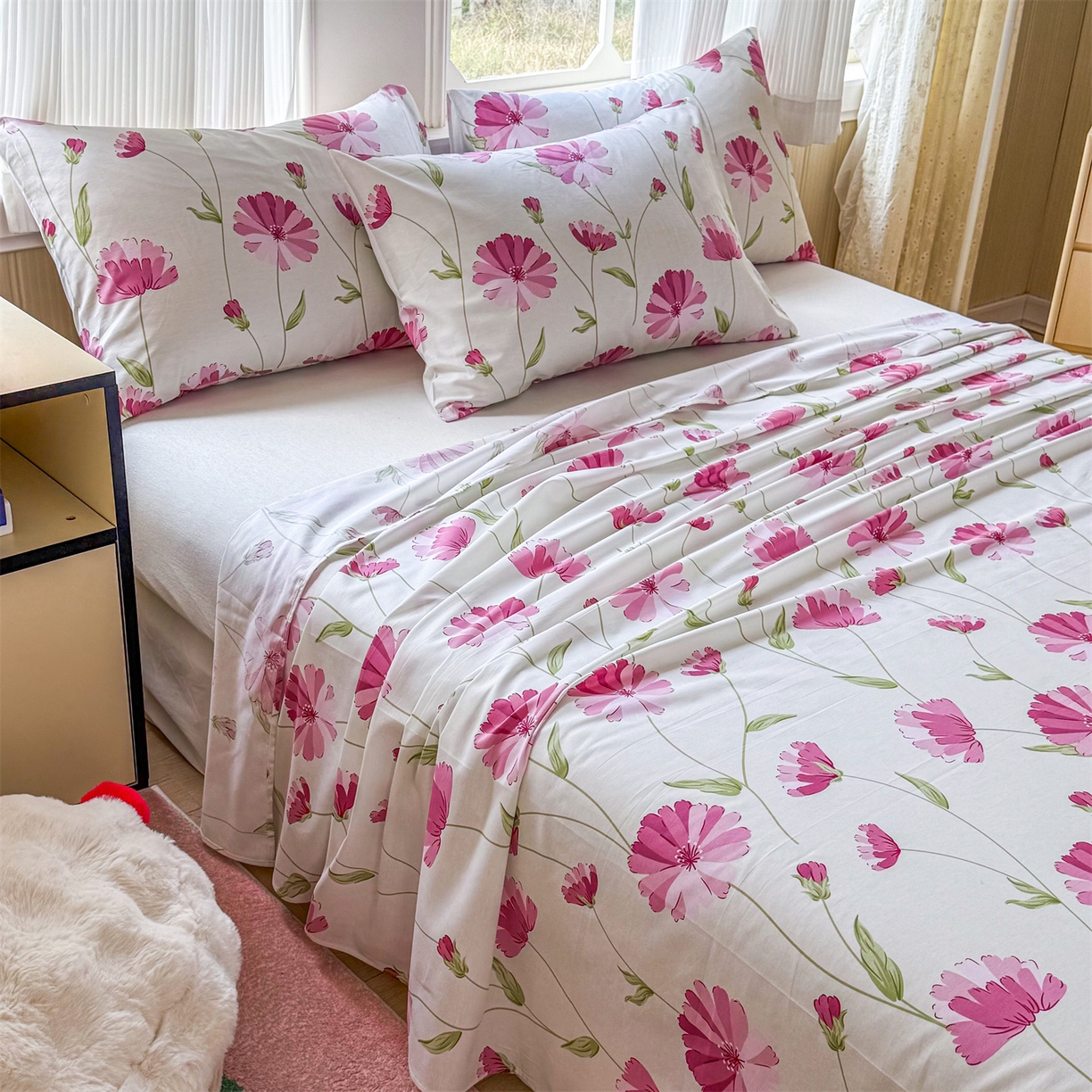 91家纺网 家纺一手货源 找家纺 晨晨家纺 2026春夏新款小清新全棉纯棉印花床单三件套 晚风轻漫