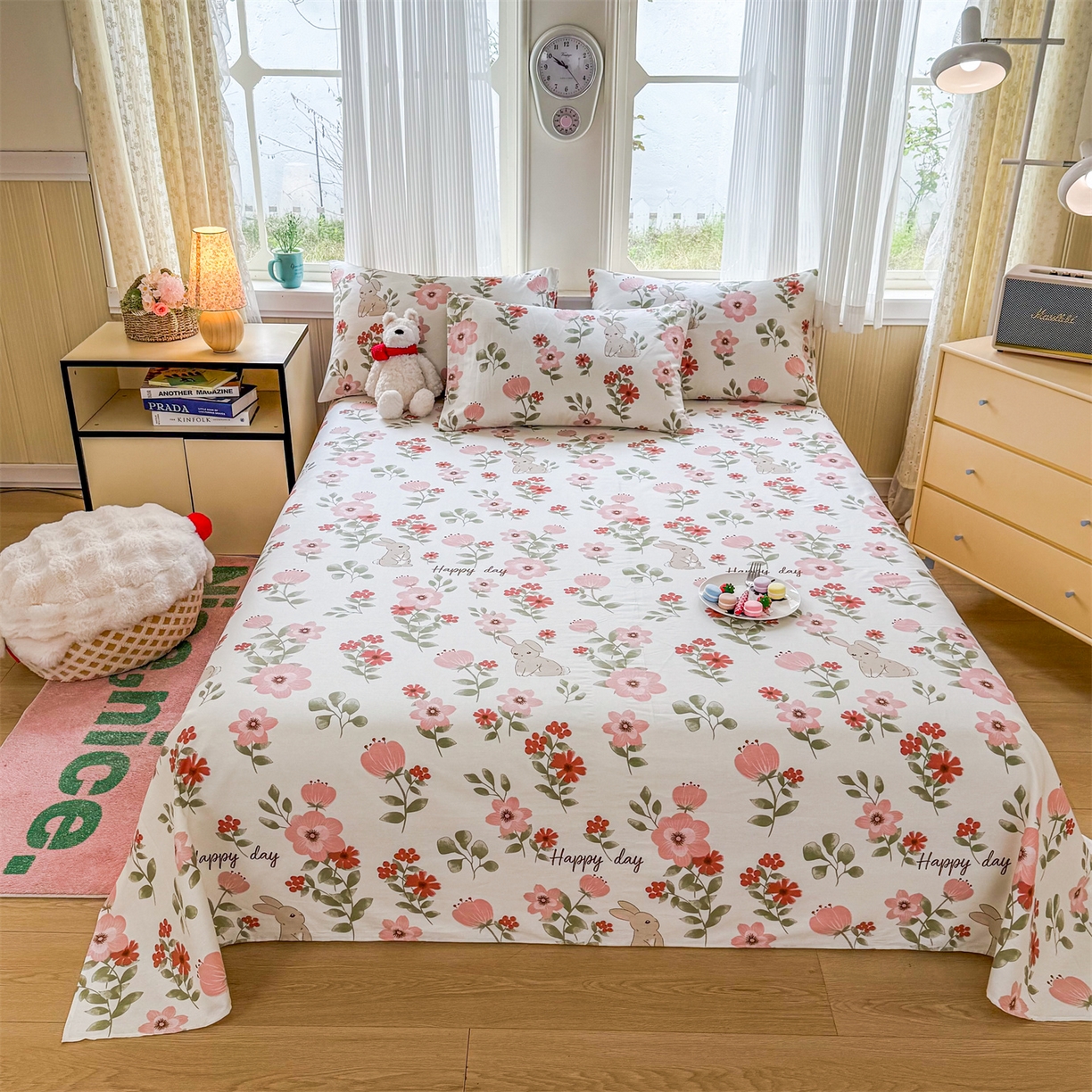 91家纺网 家纺一手货源 找家纺 晨晨家纺 2026春夏新款小清新全棉纯棉印花床单三件套 丛林意趣