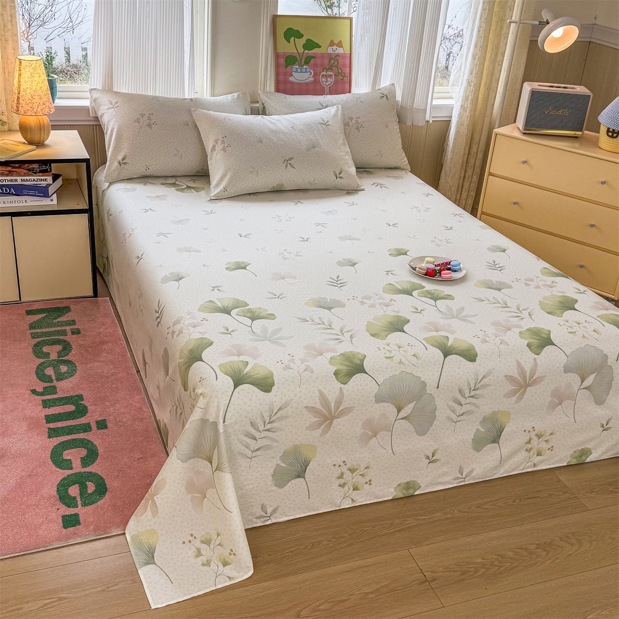 91家纺网 家纺一手货源 找家纺 晨晨家纺 2026春夏新款小清新全棉纯棉印花床单三件套 幸运叶