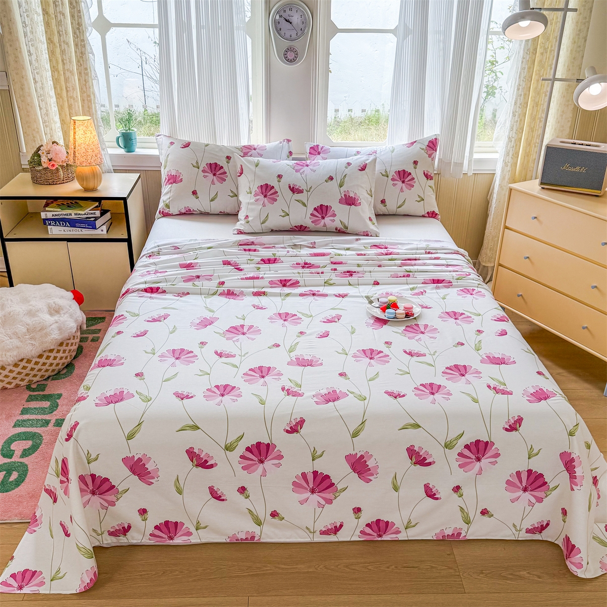 91家纺网 家纺一手货源 找家纺 晨晨家纺 2026春夏新款小清新全棉纯棉印花床单三件套 晚风轻漫