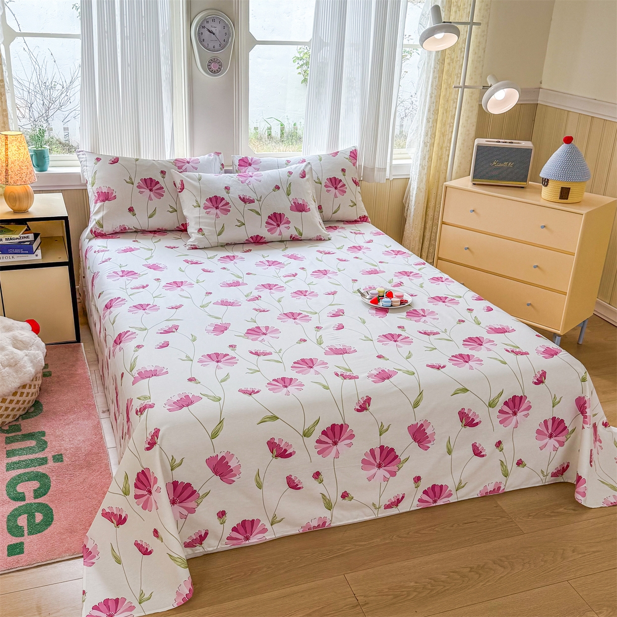 91家纺网 家纺一手货源 找家纺 晨晨家纺 2026春夏新款小清新全棉纯棉印花床单三件套 晚风轻漫