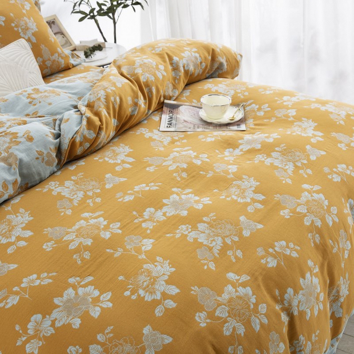 91家纺网 家纺一手货源 找家纺 云天家纺 2026新款A类全棉纯棉色织提花双层纱纽扣款四件套 春风十里橘