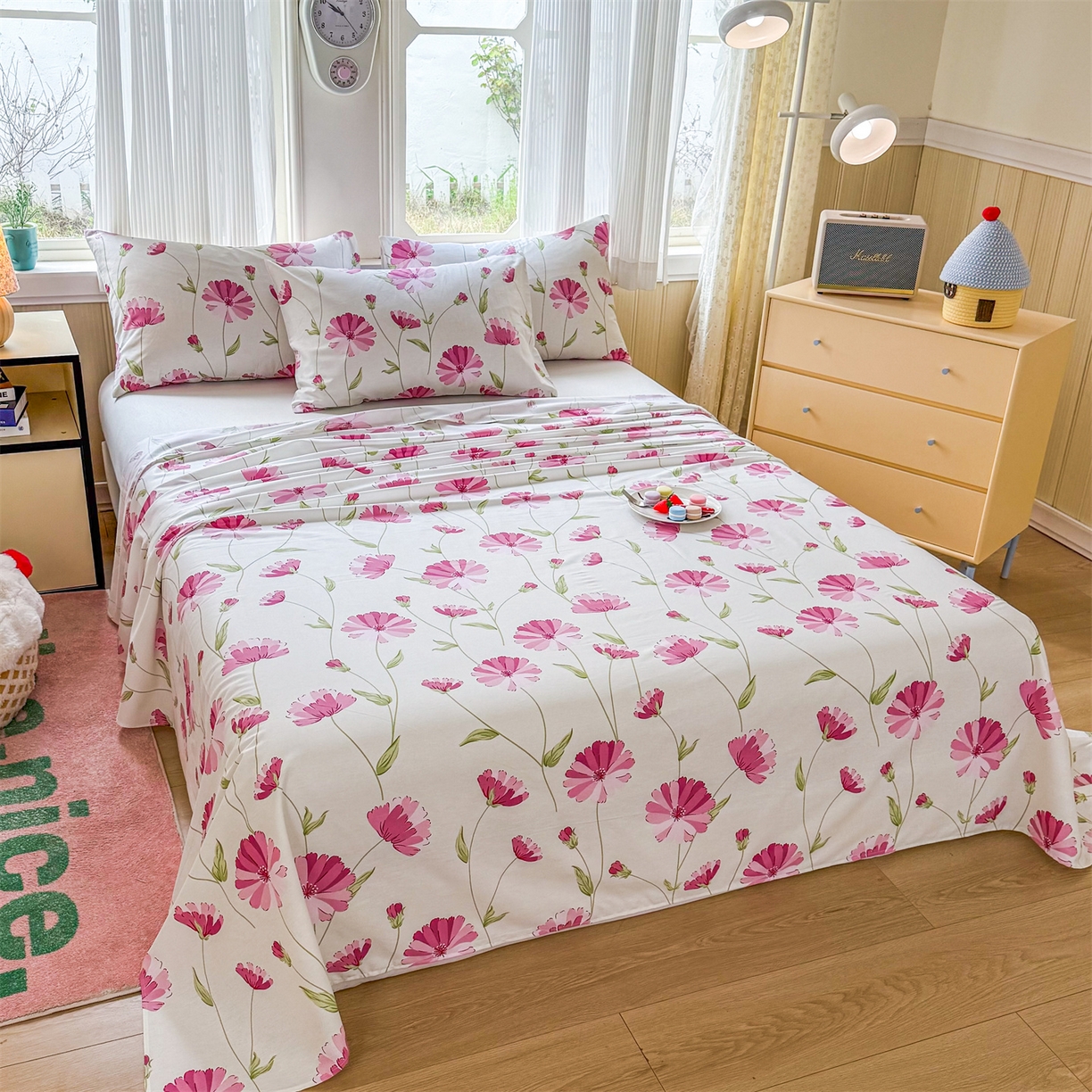 91家纺网 家纺一手货源 找家纺 晨晨家纺 2026春夏新款小清新全棉纯棉印花床单三件套 晚风轻漫