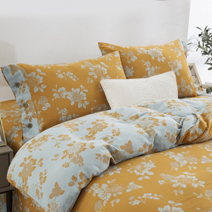 91家纺网 家纺一手货源 找家纺 云天家纺 2026新款A类全棉纯棉色织提花双层纱纽扣款四件套 春风十里橘