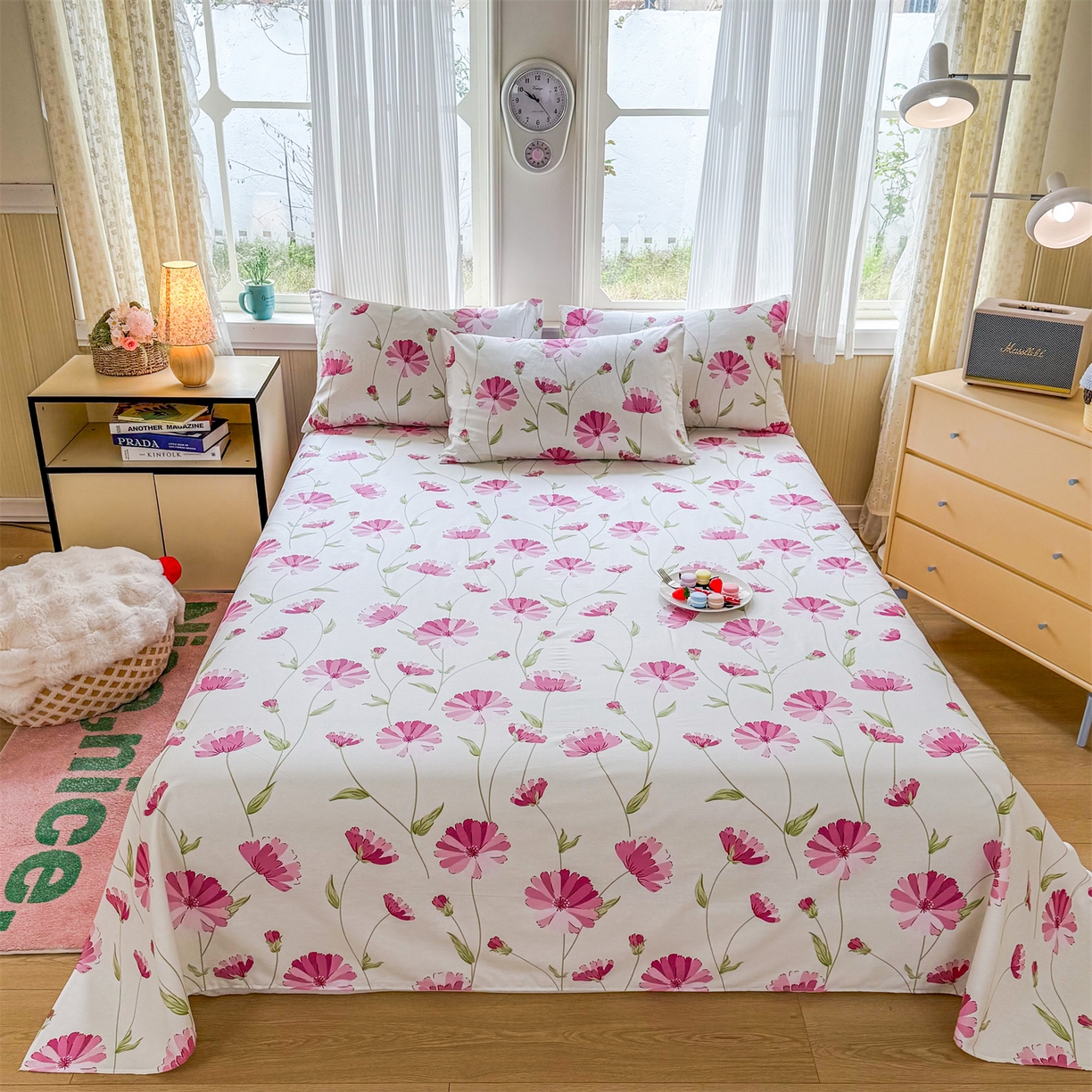 91家纺网 家纺一手货源 找家纺 晨晨家纺 2026春夏新款小清新全棉纯棉印花床单三件套 晚风轻漫