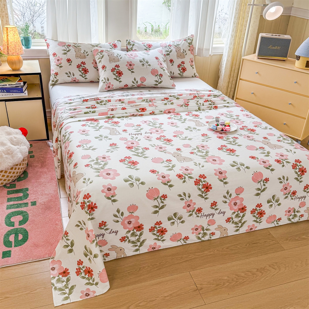 91家纺网 家纺一手货源 找家纺 晨晨家纺 2026春夏新款小清新全棉纯棉印花床单三件套 丛林意趣