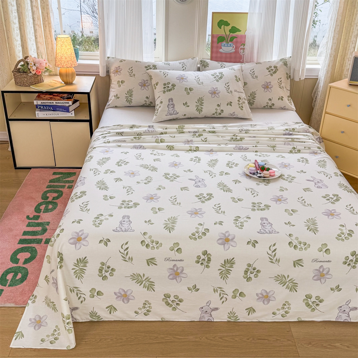 91家纺网 家纺一手货源 找家纺 晨晨家纺 2026春夏新款小清新全棉纯棉印花床单三件套 安妮兔