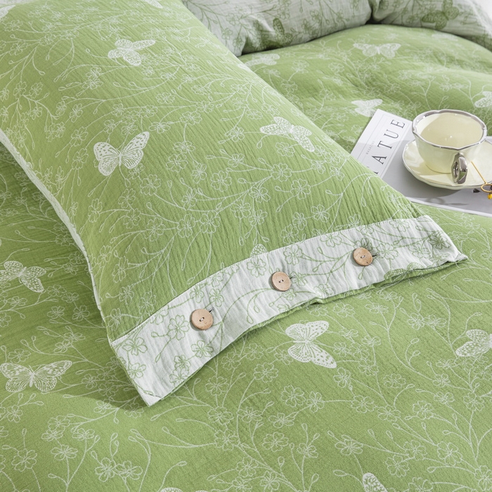 91家纺网 家纺一手货源 找家纺 云天家纺 2026新款A类全棉纯棉色织提花双层纱纽扣款四件套 蝶舞绿（套版）