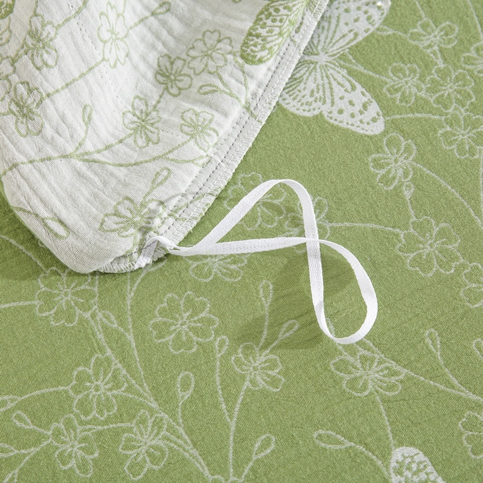 91家纺网 家纺一手货源 找家纺 云天家纺 2026新款A类全棉纯棉色织提花双层纱纽扣款四件套 蝶舞绿（套版）