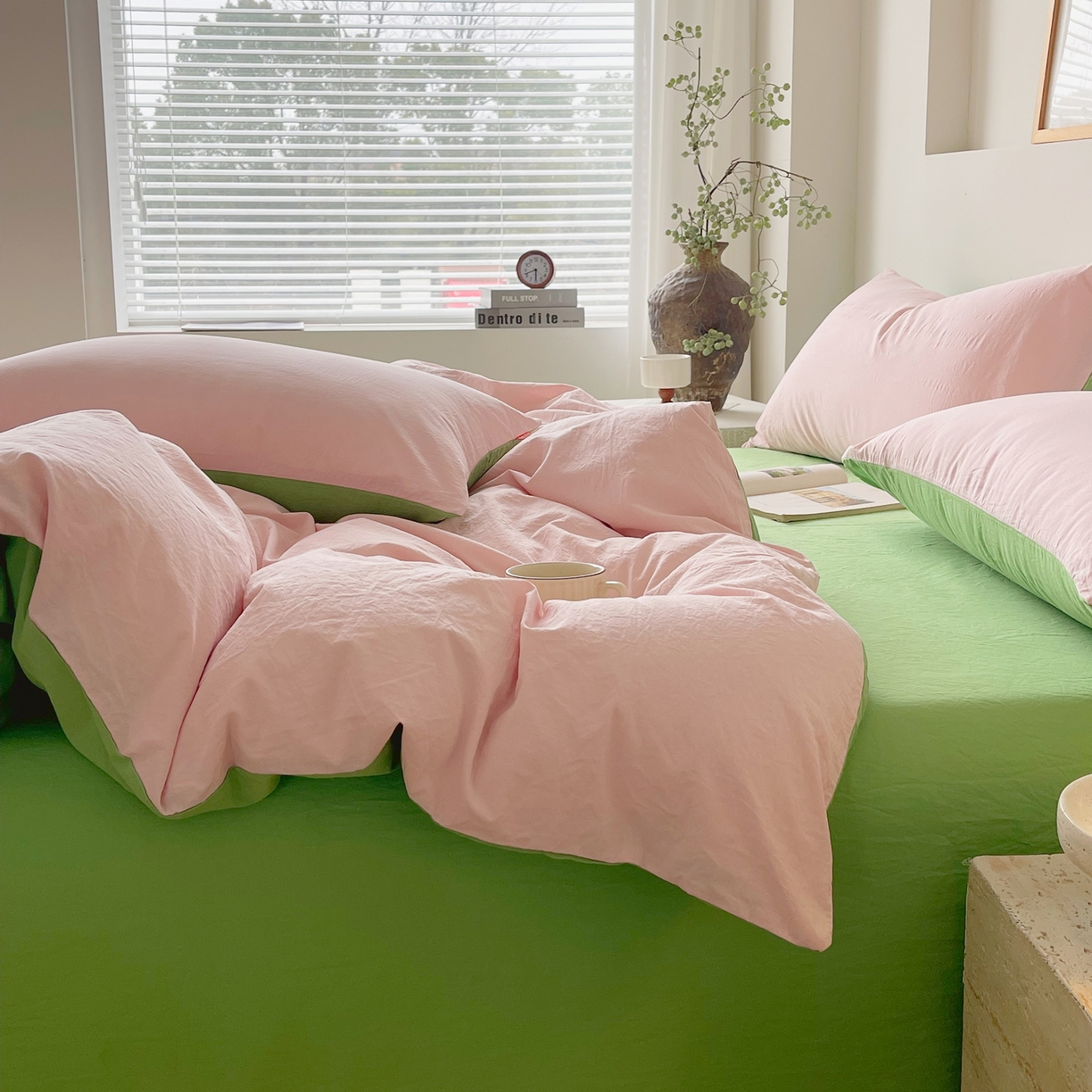 91家纺网 家纺一手货源 找家纺 春皖家纺 2026春夏新款双拼全棉纯棉水洗棉四件套 樱花粉-青草绿