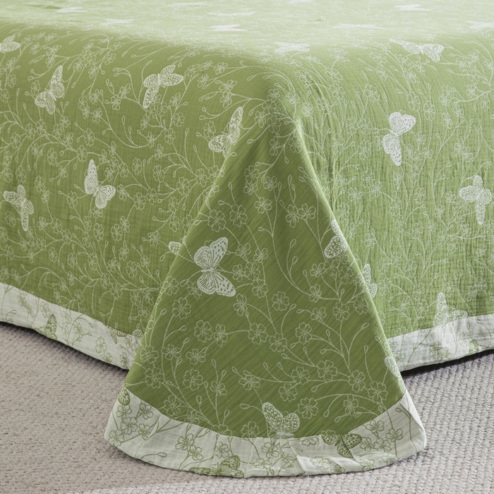 91家纺网 家纺一手货源 找家纺 云天家纺 2026新款A类全棉纯棉色织提花双层纱纽扣款四件套 蝶舞绿（套版）