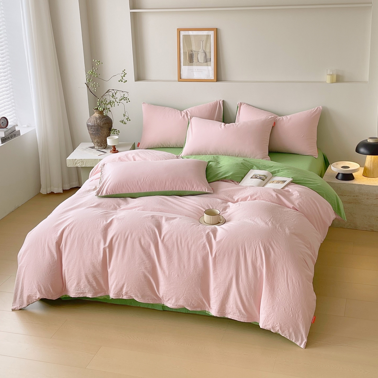 91家纺网 家纺一手货源 找家纺 春皖家纺 2026春夏新款双拼全棉纯棉水洗棉四件套 樱花粉-青草绿