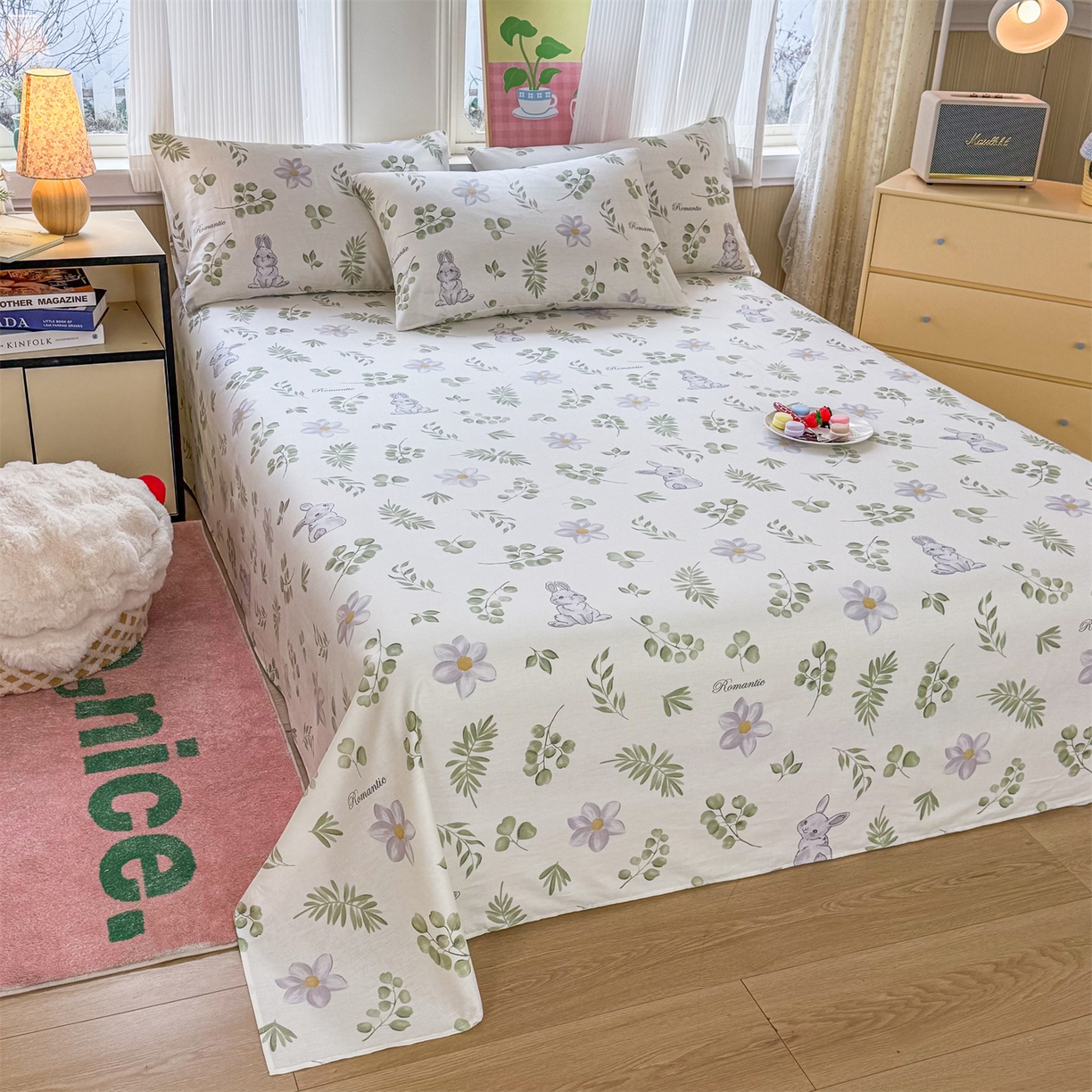 91家纺网 家纺一手货源 找家纺 晨晨家纺 2026春夏新款小清新全棉纯棉印花床单三件套 安妮兔