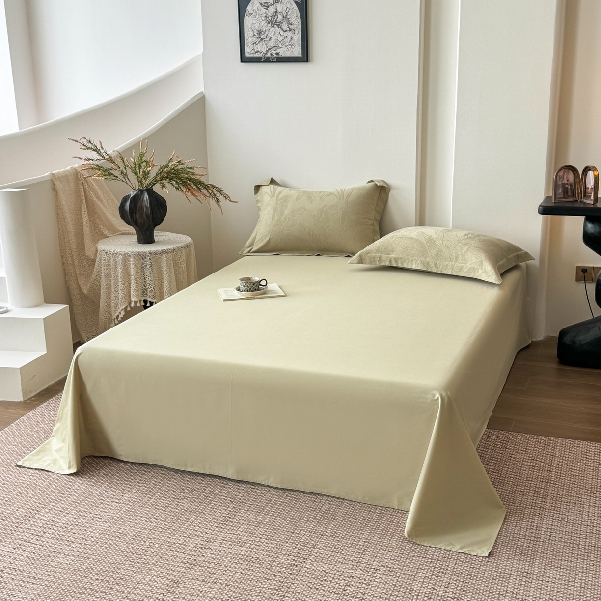 91家纺网 家纺一手货源 找家纺 玉相逢 2026春夏新款全棉60S长绒棉立体厚织提花夏被四件套 焦野-奶绿