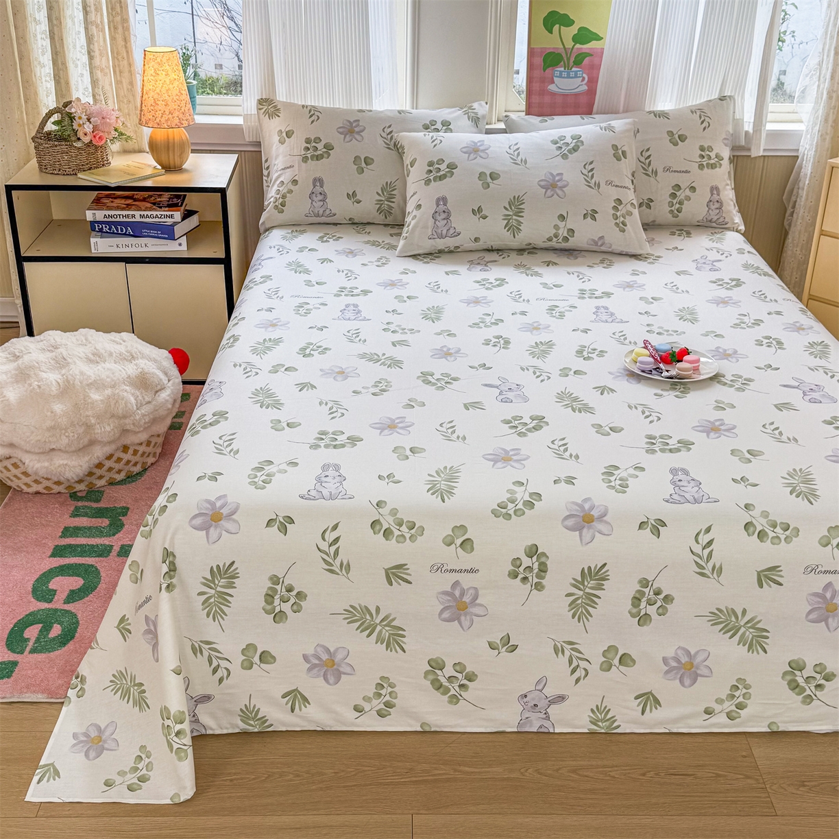 91家纺网 家纺一手货源 找家纺 晨晨家纺 2026春夏新款小清新全棉纯棉印花床单三件套 安妮兔