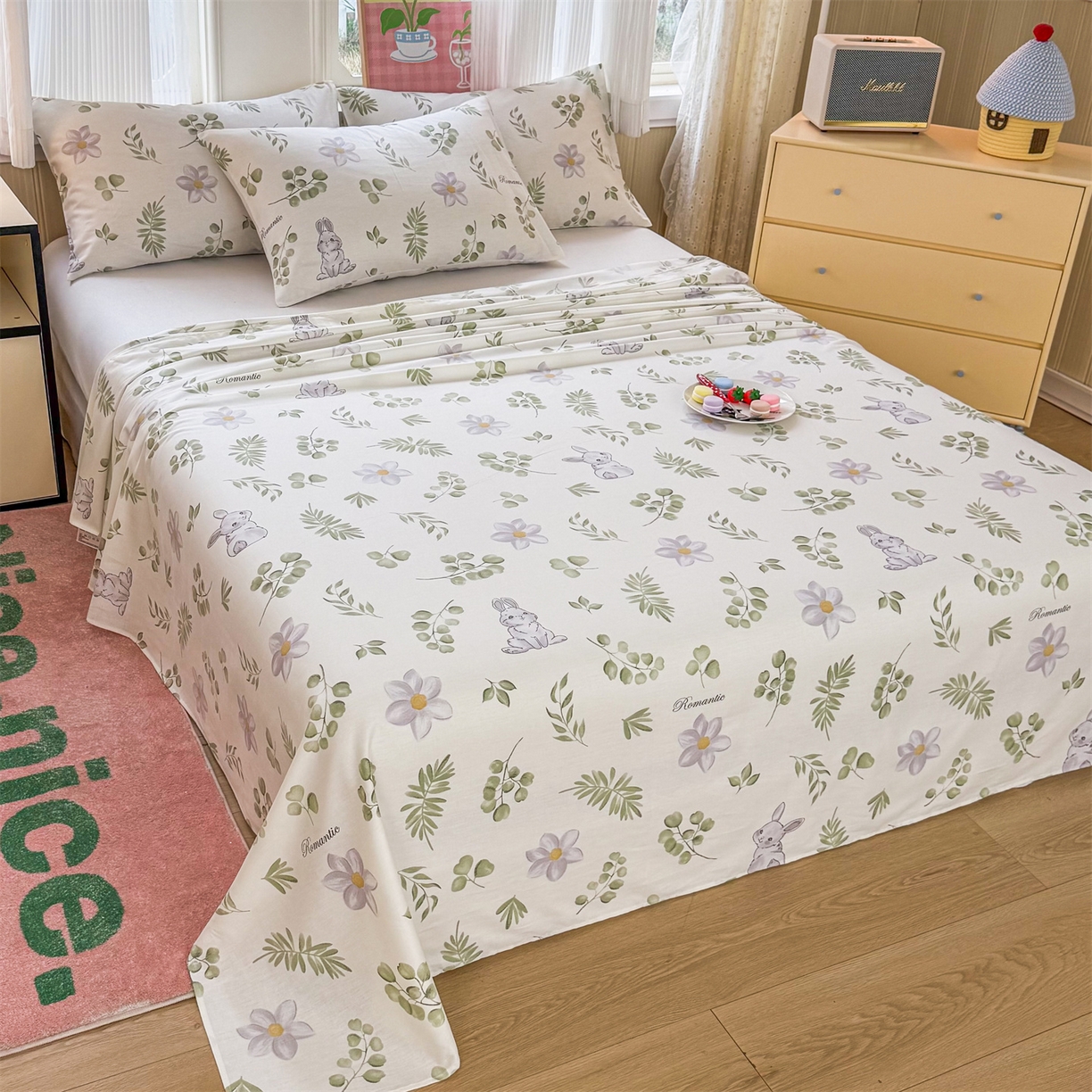 91家纺网 家纺一手货源 找家纺 晨晨家纺 2026春夏新款小清新全棉纯棉印花床单三件套 安妮兔