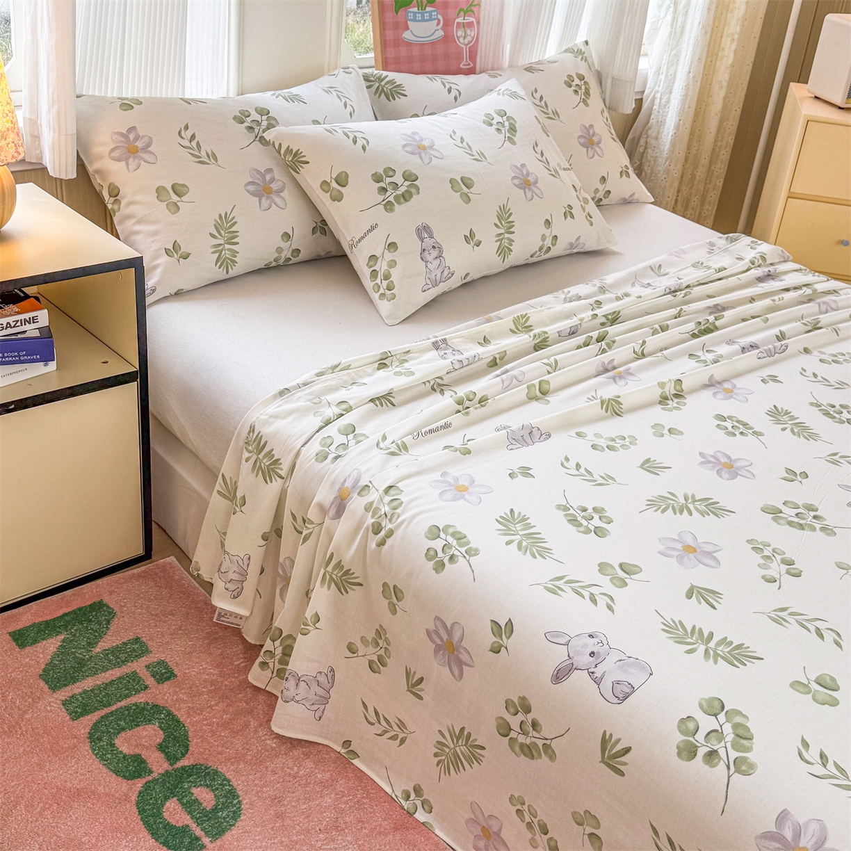 91家纺网 家纺一手货源 找家纺 晨晨家纺 2026春夏新款小清新全棉纯棉印花床单三件套 安妮兔