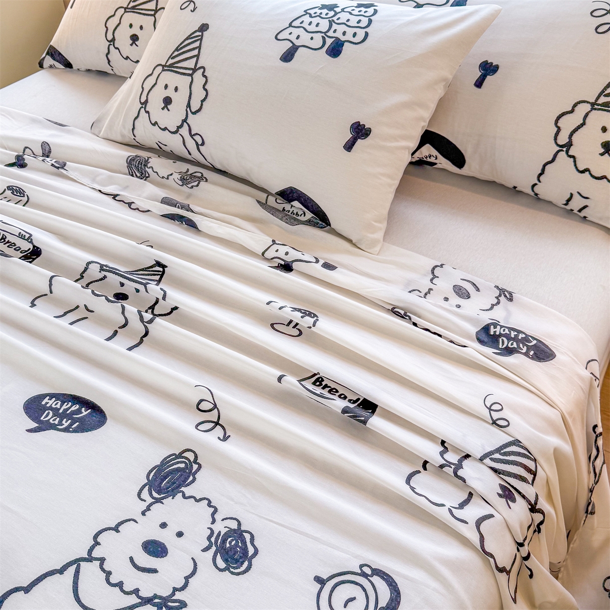 91家纺网 家纺一手货源 找家纺 晨晨家纺 2026春夏新款小清新全棉纯棉印花床单三件套 布鲁斯