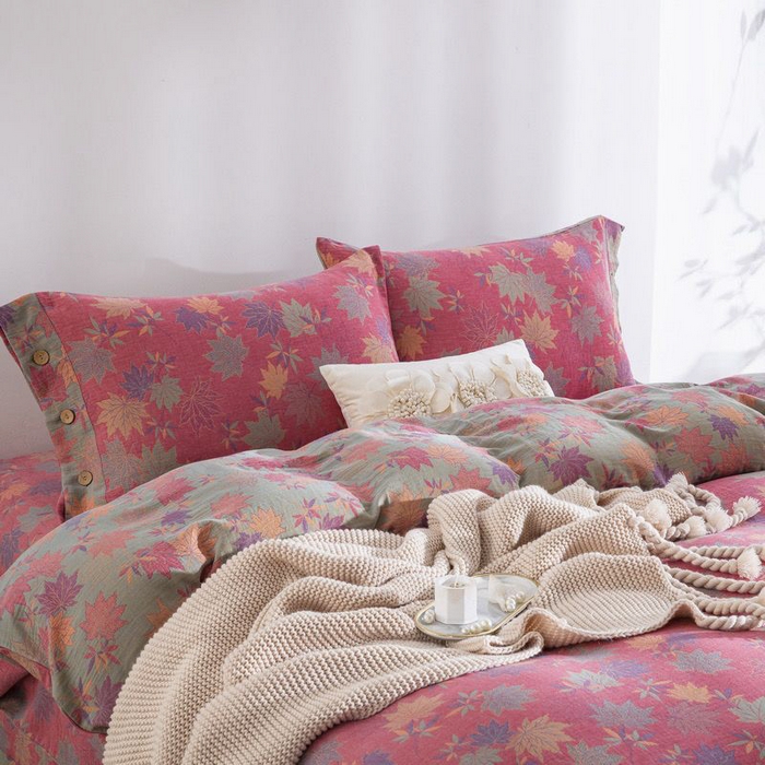 91家纺网 家纺一手货源 找家纺 云天家纺 2026新款A类全棉纯棉色织提花双层纱纽扣款四件套 枫林露