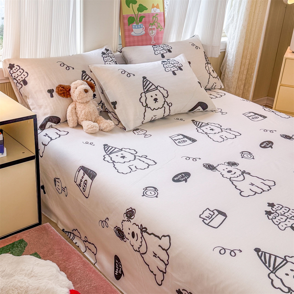 91家纺网 家纺一手货源 找家纺 晨晨家纺 2026春夏新款小清新全棉纯棉印花床单三件套 布鲁斯