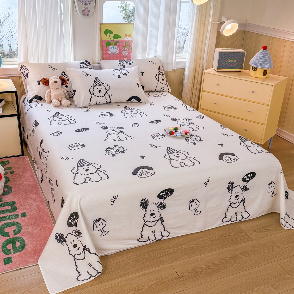 91家纺网 家纺一手货源 找家纺 晨晨家纺 2026春夏新款小清新全棉纯棉印花床单三件套 布鲁斯