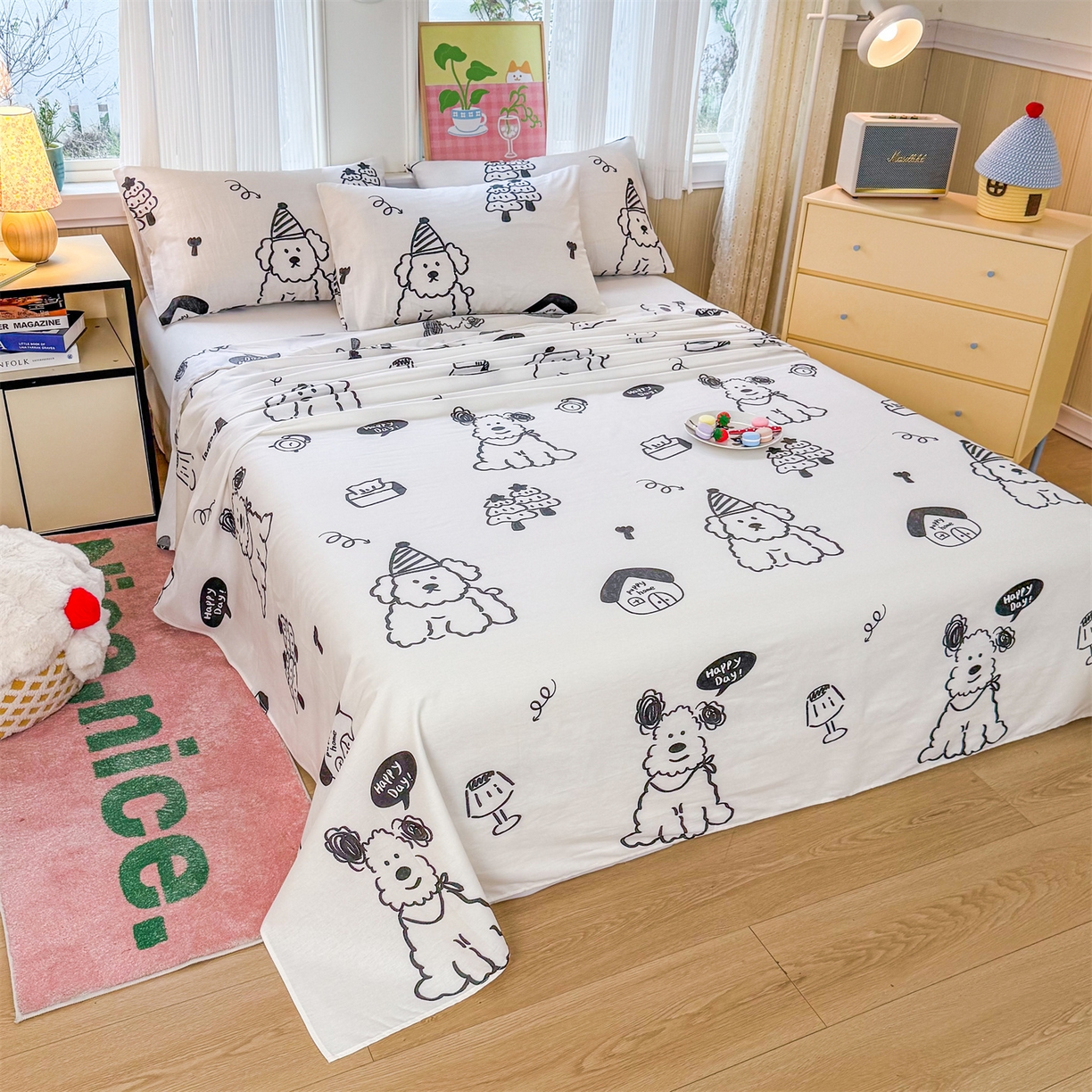 91家纺网 家纺一手货源 找家纺 晨晨家纺 2026春夏新款小清新全棉纯棉印花床单三件套 布鲁斯