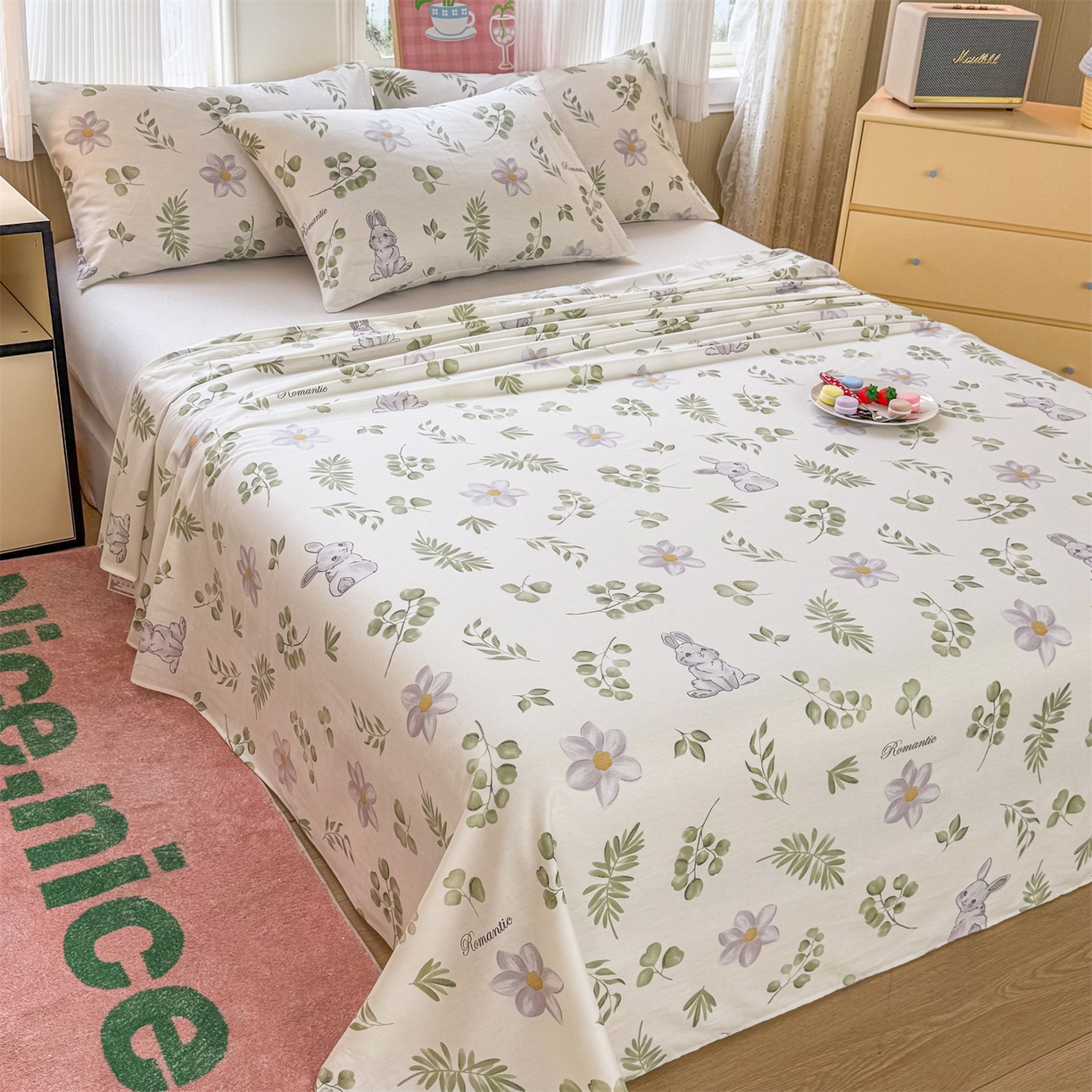 91家纺网 家纺一手货源 找家纺 晨晨家纺 2026春夏新款小清新全棉纯棉印花床单三件套 安妮兔