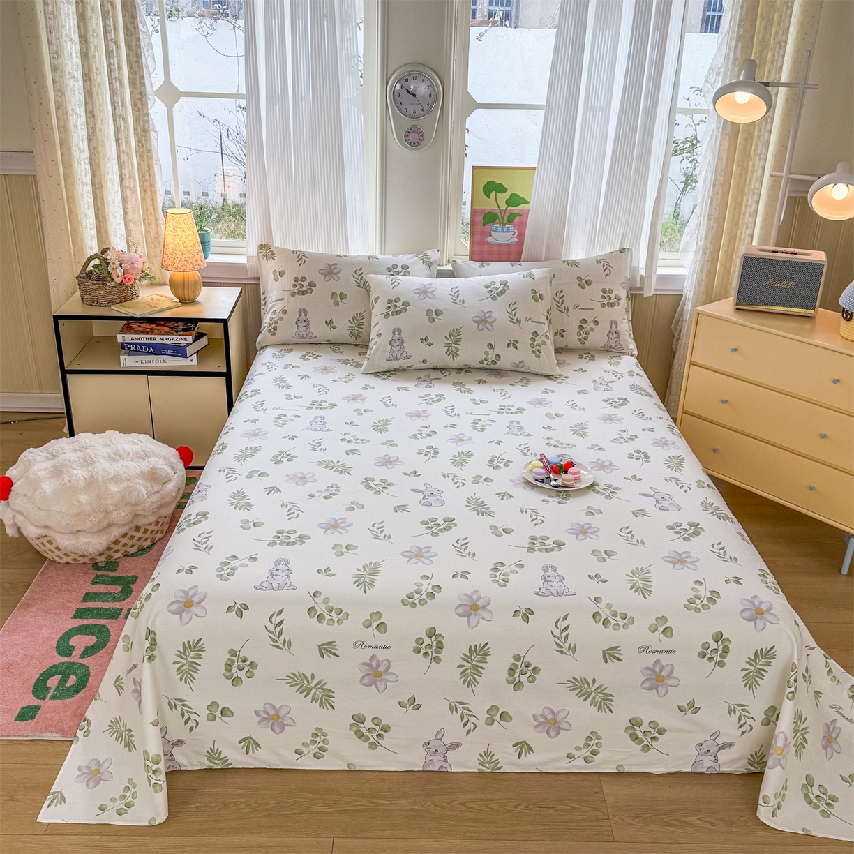 91家纺网 家纺一手货源 找家纺 晨晨家纺 2026春夏新款小清新全棉纯棉印花床单三件套 安妮兔