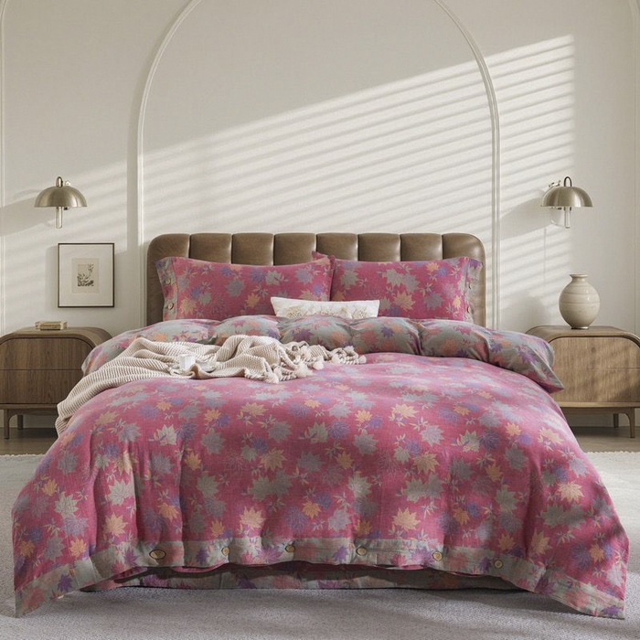 91家纺网 家纺一手货源 找家纺 云天家纺 2026新款A类全棉纯棉色织提花双层纱纽扣款四件套 枫林露