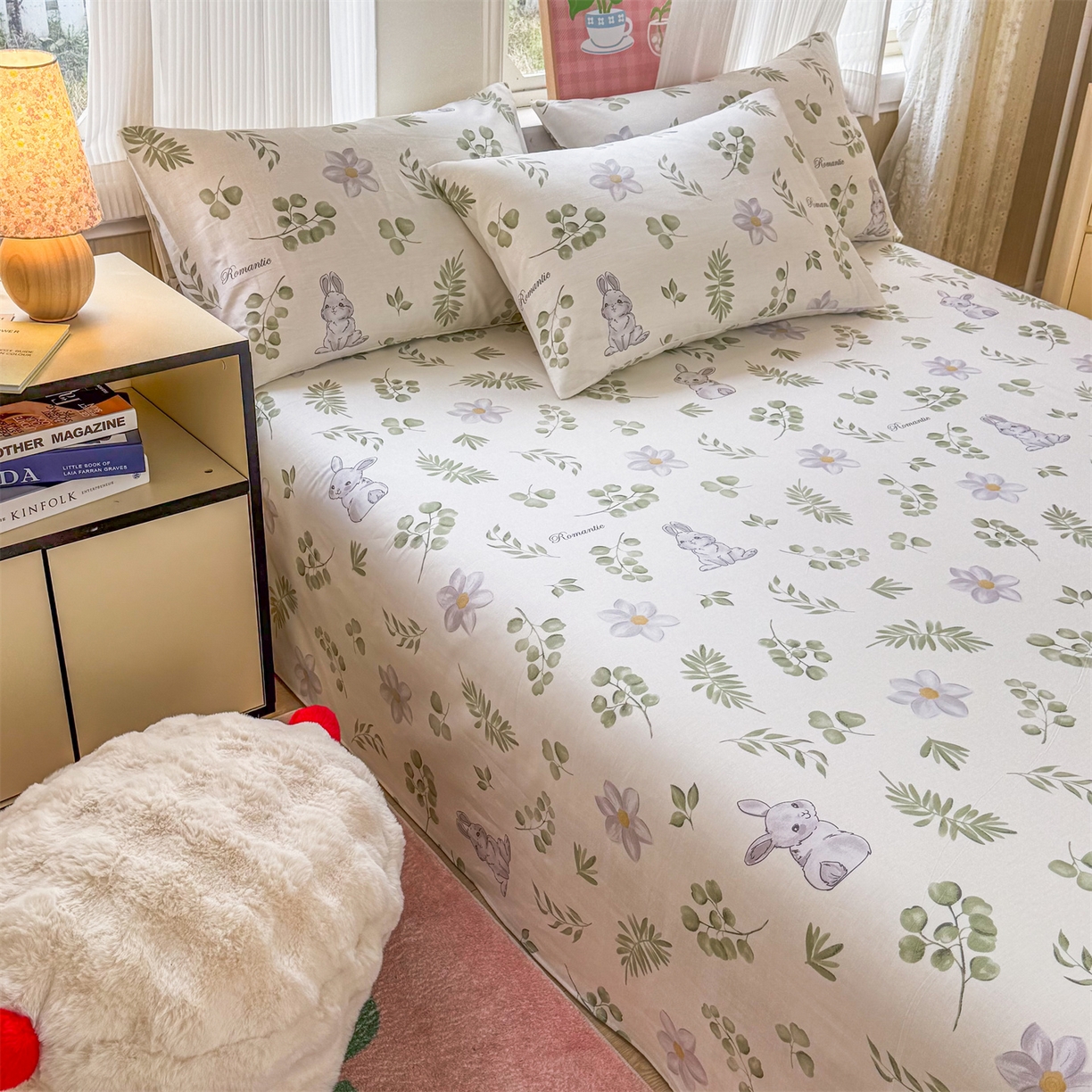 91家纺网 家纺一手货源 找家纺 晨晨家纺 2026春夏新款小清新全棉纯棉印花床单三件套 安妮兔