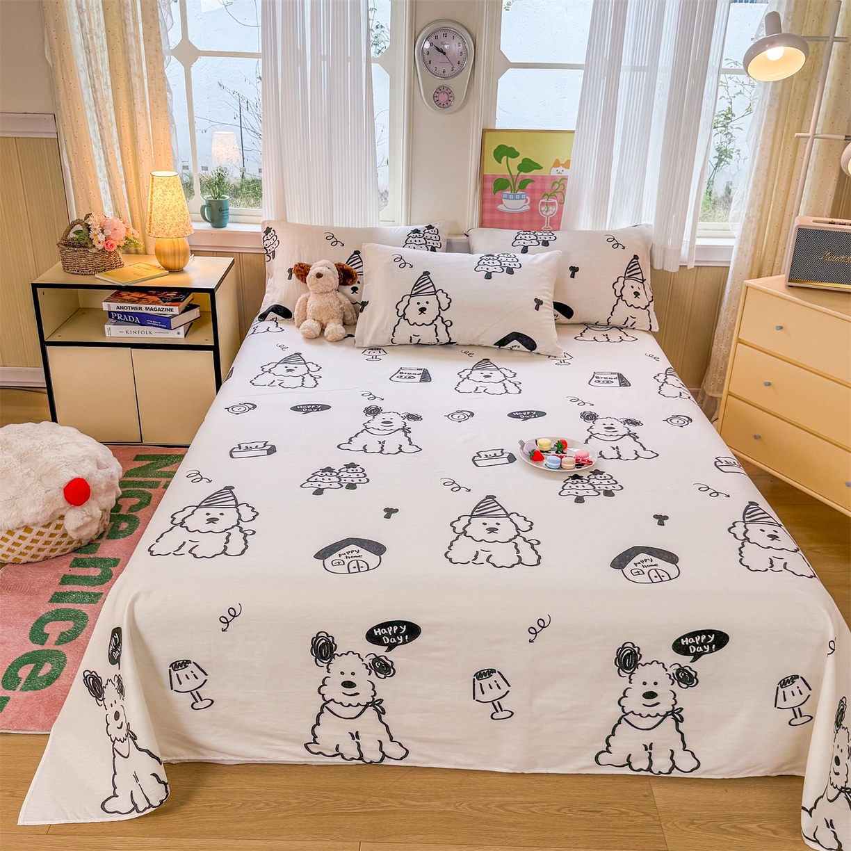 91家纺网 家纺一手货源 找家纺 晨晨家纺 2026春夏新款小清新全棉纯棉印花床单三件套 布鲁斯