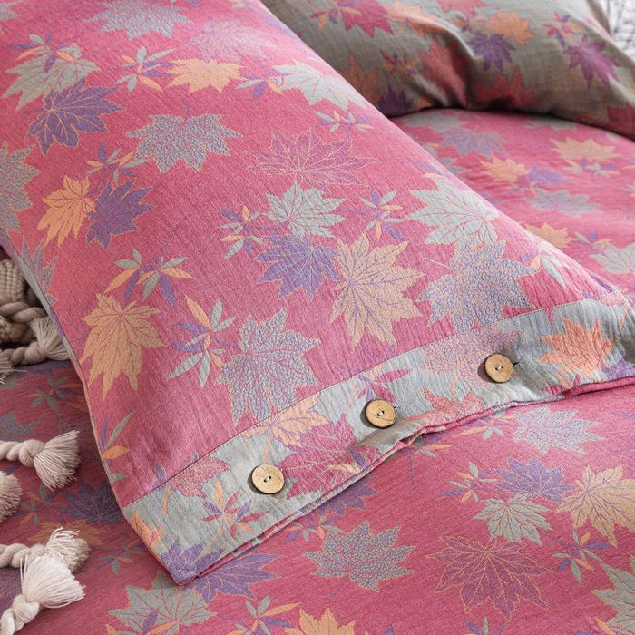 91家纺网 家纺一手货源 找家纺 云天家纺 2026新款A类全棉纯棉色织提花双层纱纽扣款四件套 枫林露