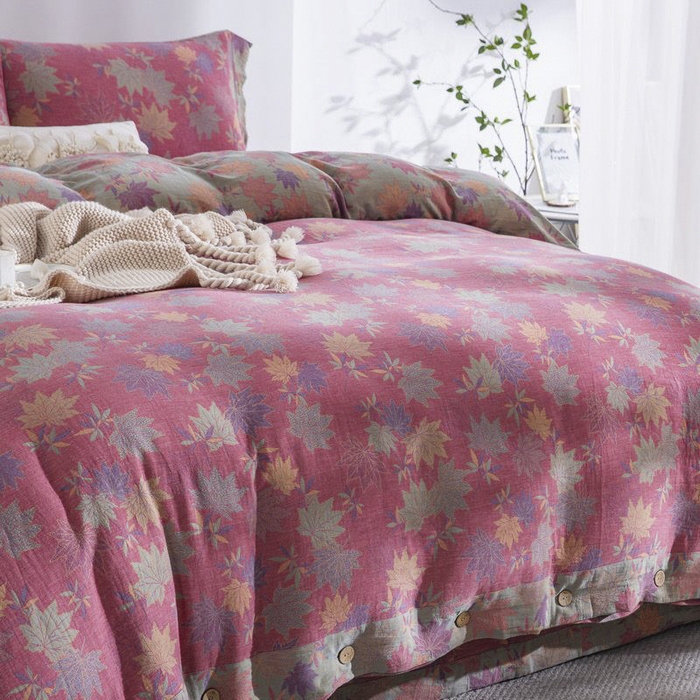 91家纺网 家纺一手货源 找家纺 云天家纺 2026新款A类全棉纯棉色织提花双层纱纽扣款四件套 枫林露