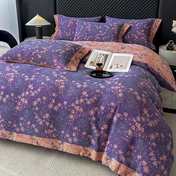 91家纺网 家纺一手货源 找家纺 云天家纺 2026新款A类全棉纯棉色织提花双层纱纽扣款四件套 梅花深紫（套版）