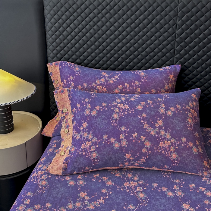 91家纺网 家纺一手货源 找家纺 云天家纺 2026新款A类全棉纯棉色织提花双层纱纽扣款四件套 梅花深紫（套版）