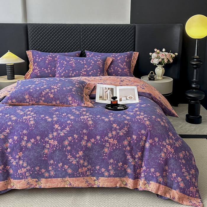 91家纺网 家纺一手货源 找家纺 云天家纺 2026新款A类全棉纯棉色织提花双层纱纽扣款四件套 梅花深紫（套版）