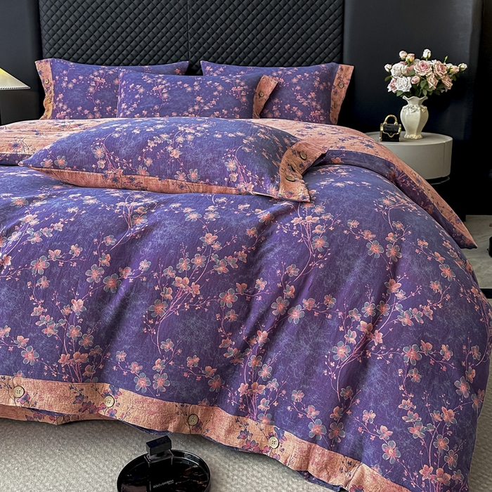 91家纺网 家纺一手货源 找家纺 云天家纺 2026新款A类全棉纯棉色织提花双层纱纽扣款四件套 梅花深紫（套版）