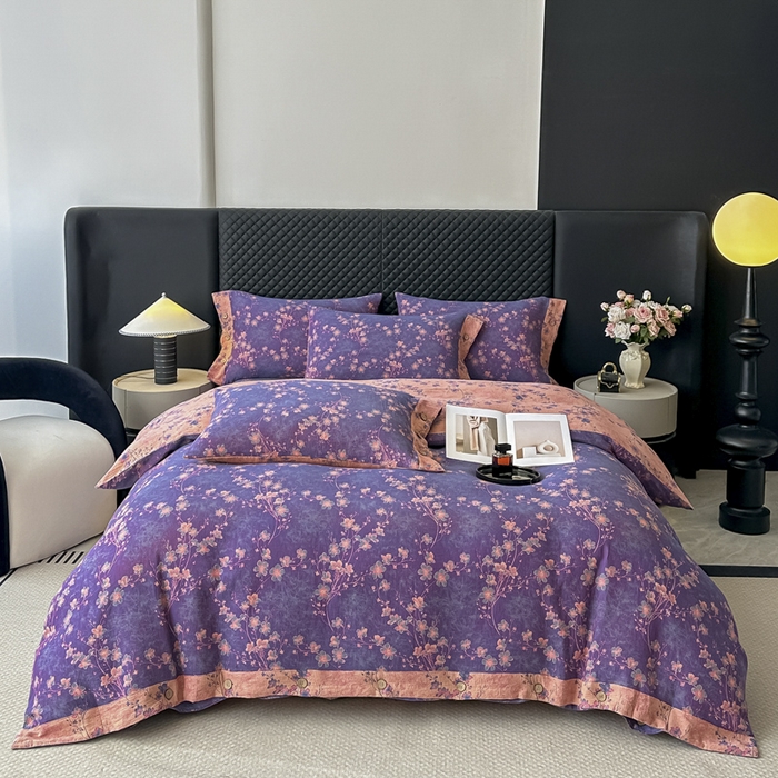 91家纺网 家纺一手货源 找家纺 云天家纺 2026新款A类全棉纯棉色织提花双层纱纽扣款四件套 梅花深紫（套版）