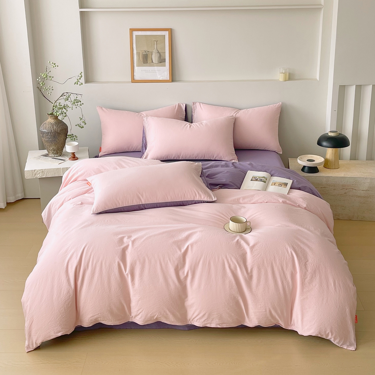 91家纺网 家纺一手货源 找家纺 春皖家纺 2026春夏新款双拼全棉纯棉水洗棉四件套 樱花粉-水晶紫