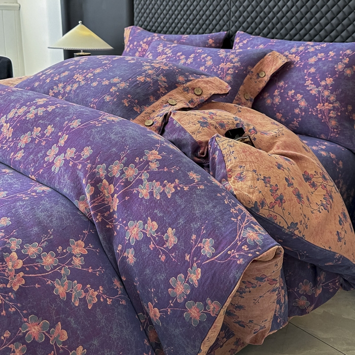 91家纺网 家纺一手货源 找家纺 云天家纺 2026新款A类全棉纯棉色织提花双层纱纽扣款四件套 梅花深紫（套版）