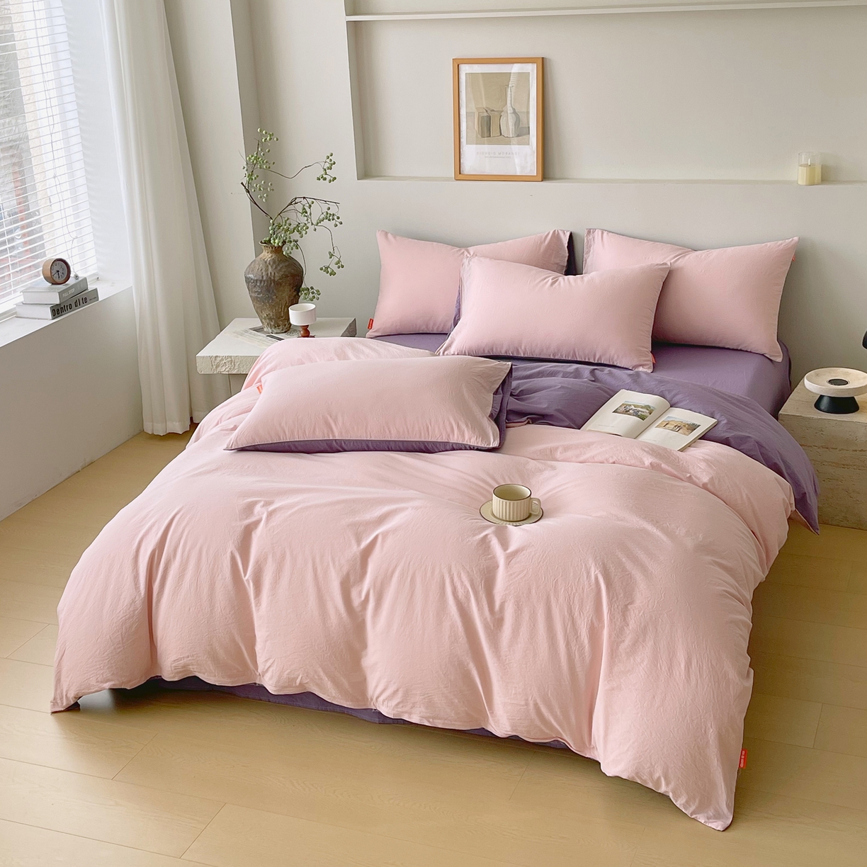 91家纺网 家纺一手货源 找家纺 春皖家纺 2026春夏新款双拼全棉纯棉水洗棉四件套 樱花粉-水晶紫